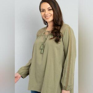 Long Sleeve Top with lace trimming Olive Green Size 2XL